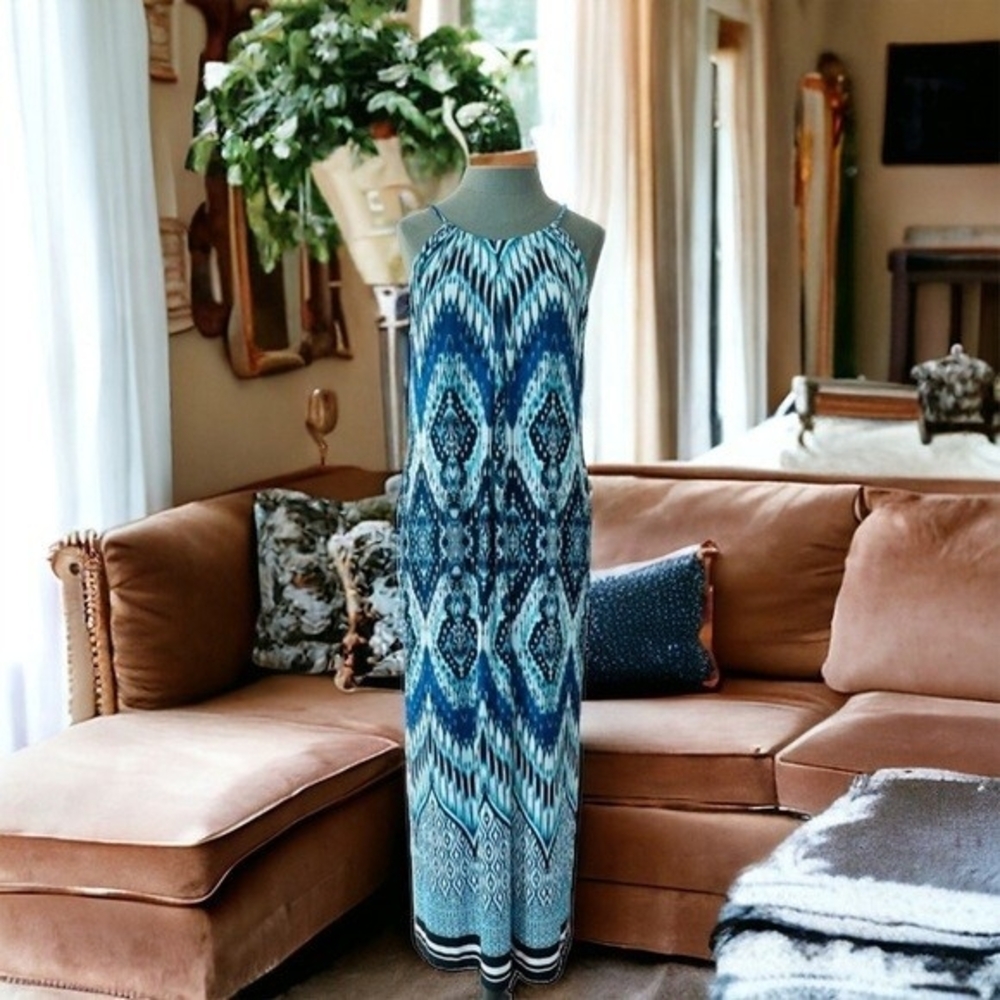 Enfocus Studio Women Maxi Dress 6 Emerald Print Blue Green White Boho Sleeveless - Picture 8 of 13